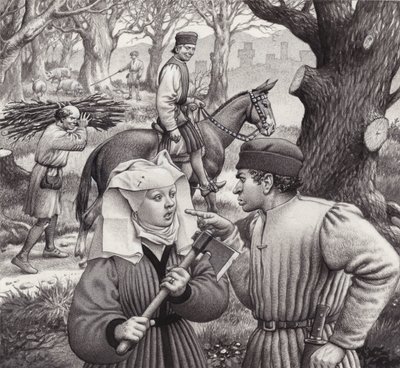 Una mujer se encuentra en apuros al cortar la rama de un árbol (gouache sobre papel) de Pat (1907-95) Nicolle