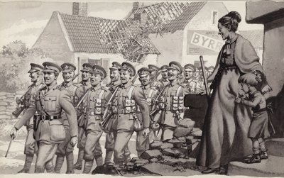 Soldados británicos marchando (gouache sobre papel) de Pat (1907-95) Nicolle