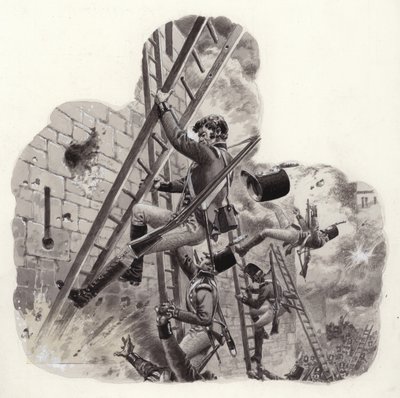 Soldados británicos bajo el fuego de los franceses durante el ataque a Badajoz (gouache sobre papel) de Pat (1907 95) Nicolle