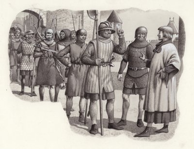 Soldados de infantería del siglo XIV (gouache sobre papel) de Pat (1907-95) Nicolle