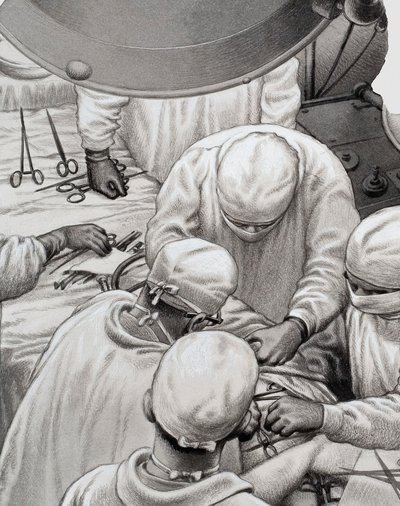 Cirugía cardíaca, de la que fueron pioneros hombres como el profesor Christiaan Barnard (gouache sobre papel) de Pat (1907 95) Nicolle