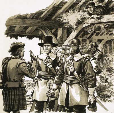 Escondido en el pajar de un campesino, el marqués de Montrose escuchó cómo los soldados lo buscaban... de Pat (1907-95) Nicolle