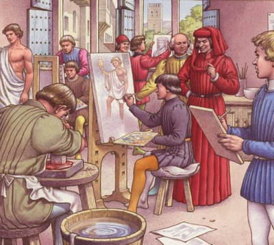 Lorenzo de Médicis visita la escuela de artistas (gouache sobre papel) de Pat (1907 95) Nicolle