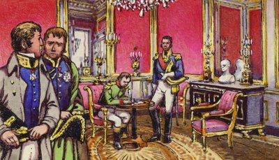 Napoleón firma los artículos de abdicación en el Palacio de Fontainbleau (gouache sobre papel) de Pat (1907-95) Nicolle