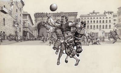 Jugando al fútbol en Florencia (gouache sobre papel) de Pat (1907-95) Nicolle