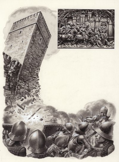 Soldados españoles volando fortificaciones con pólvora (gouache sobre papel) de Pat (1907-95) Nicolle
