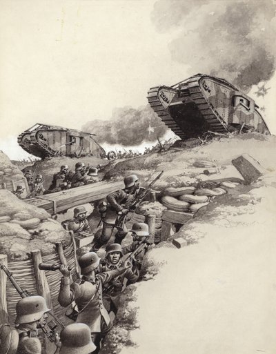 Tanques ruedan sobre trincheras alemanas durante la Gran Guerra (gouache sobre papel) de Pat (1907-95) Nicolle
