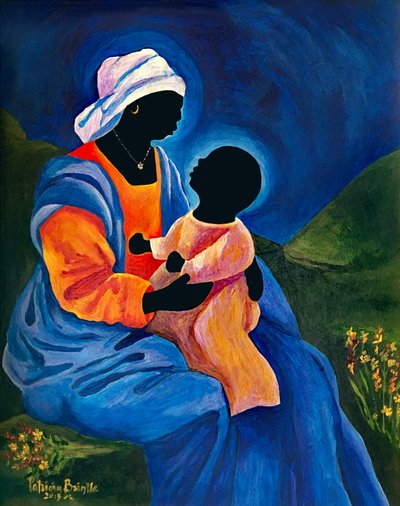 Virgen y niño recogiendo flores, 2018 (acrílico sobre masonita) de Patricia Brintle