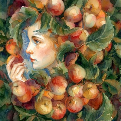 Mujer serena durante la cosecha de manzanas de Patrick Gonzales