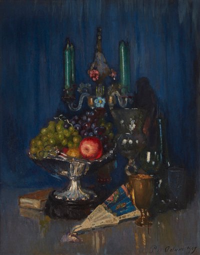 Naturaleza muerta de frutas y objetos en una mesa de Patrick William Adam