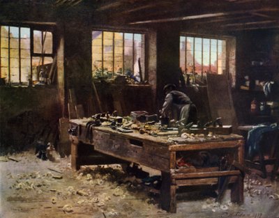 El taller del carpintero (litografía en color) de Patrick William Adam