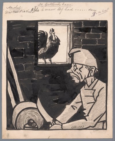 El hombre afila el cuchillo mientras el gallo francés canta El gallo galo (título sobre objeto) de Patricq Kroon (signed by artist)