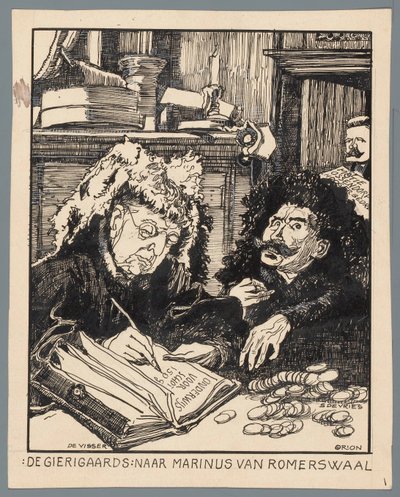 Los ministros De Visser y Simon de Vries como recaudadores de impuestos The Misers: después de Marinus van Romerwaal (título sobre el objeto) de Patricq Kroon (signed by artist)