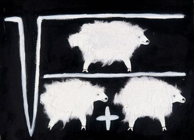 Clonación: Símbolo matemático que representa operaciones de cálculo de raíces cuadradas, divisiones y sumas, con una oveja como conejillo de indias. Collage de algodón blanco sobre fondo negro. de Patrizia La Porta