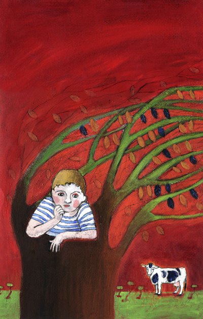 La soledad de un niño huérfano, solo en un árbol, el viento en las ramas Ilustración 2013 de Patrizia La Porta