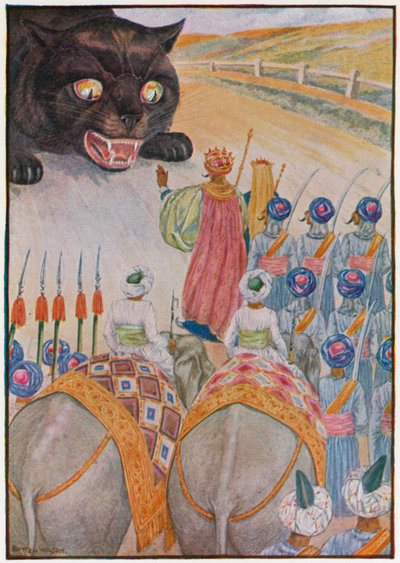 "¡Fuera de mi camino, gatita, mis elefantes podrían hacerte daño!" (litografía en color) de Patten Wilson