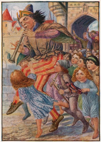 "¡Alto, alto!" Gritó la gente, "¡se está llevando a nuestros hijos!" (litografía en color) de Patten Wilson
