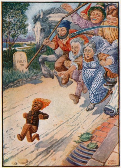 "¡No puedes atraparme, soy el hombre de jengibre!" (litografía en color) de Patten Wilson