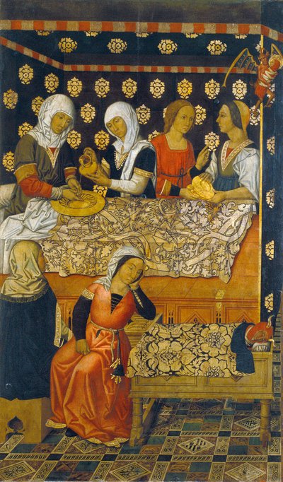 El nacimiento de San Esteban - El Nacimiento de San Esteban - Pintura de la familia Vergos (activo a finales del siglo XV) - c. 1495 - Témpera sobre tabla - 200x123,2 - Museu Nacional d