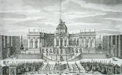 La Gran Gruta y el Jardín de la Fuente en el Palacio y Jardines del Placer Princely, Berlín, grabado por Johann August Corvinus, publicado c.1711-16 de Paul Decker