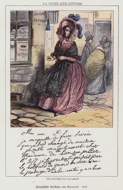 Mujer yendo a enviar una carta, caricatura francesa de Paul (after) Gavarni