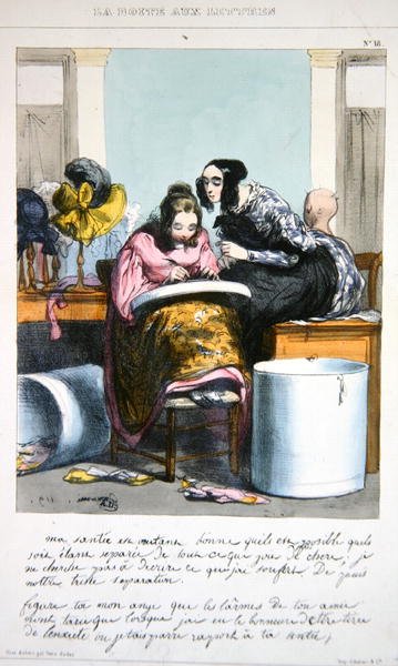 Trabajador en un negocio de sombrerería escribiendo una carta, c.1840 de Paul (after) Gavarni