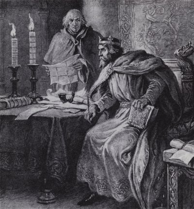 Alfredo el Grande, Rey de Wessex, y sus relojes de vela (litografía) de Paul (after) Hardy