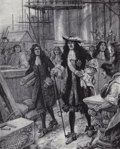 El rey Carlos II supervisando la reconstrucción de la Catedral de San Pablo después del Gran Incendio de Londres de Paul (after) Hardy