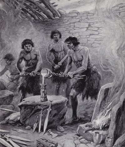 Hombres trabajando en una fundición durante la Edad del Bronce (litografía) de Paul (after) Hardy