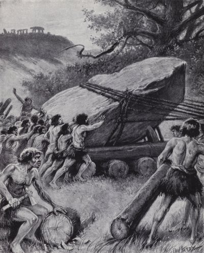 Hombres paleolíticos moviendo una losa gigante sobre ruedas (litografía) de Paul (after) Hardy