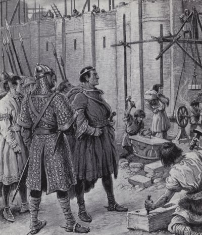 Guillermo el Conquistador supervisando la construcción de la Torre de Londres (litografía) de Paul (after) Hardy