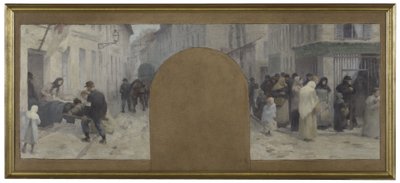 Boceto para el Hôtel de Ville de Paris, cabinet du préfet: Transporte de heridos a la ambulancia. Colas delante de una tienda durante el asedio de París en 1870. de Paul Albert Baudouin