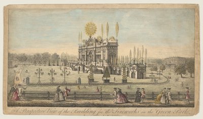 Vista en perspectiva del edificio para los fuegos artificiales en el Green Park, Londres, ca. 1749 de Paul Angier