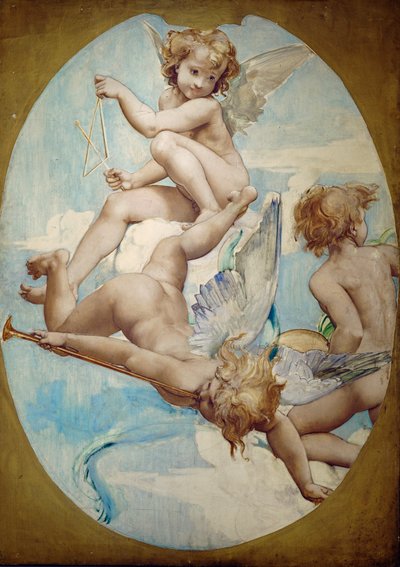 Los paneles ovalados del Gran Vestíbulo muestran putti con instrumentos musicales: trompeta, triángulo y platillos ... de Paul Baudry
