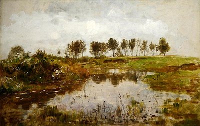 Un paisaje cerca de Dachau con un estanque en primer plano de Paul Baum