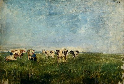Vacas en un prado siendo ordeñadas de Paul Baum