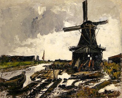 Holanda, un paisaje de canal con un molino de viento de sierra de madera, c.1885 de Paul Baum