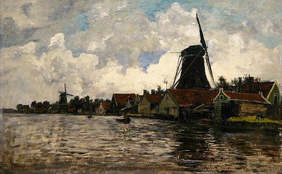 Holanda, paisaje fluvial con dos molinos de viento de Paul Baum
