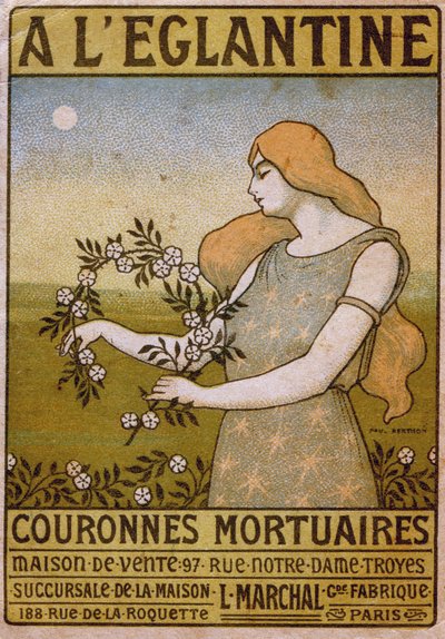 Estilo de vida. A la rosa silvestre, comercio de coronas fúnebres, florista. Anuncio de Paul Berthon, Francia, c.1900 (póster) de Paul Berthon