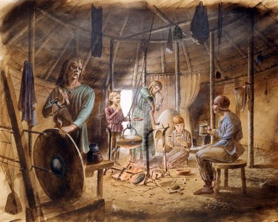 Dentro de una casa de la Edad de Hierro, siglo V a.C., c1990-2010 de Paul Birkbeck