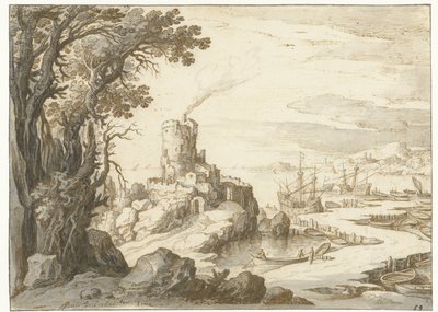 Vista de una costa con un torreón o faro de Paul Bril