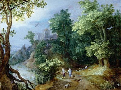 Paisaje con cazadores y perros de Paul Bril