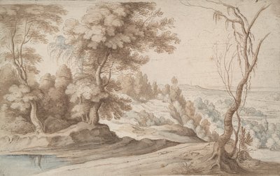paisaje con árboles y vista a un valle de Paul Bril