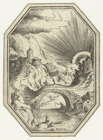 Paisaje con puente de piedra en marco octogonal Paisajes octogonales (título de la serie) de Paul Bril