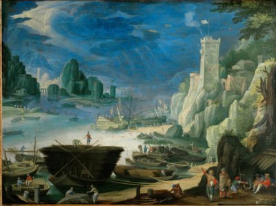 Paisaje portuario nocturno con faro de Paul Bril