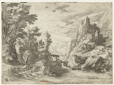 Paisaje fluvial en Campania con una ciudad sobre rocas de Paul Bril
