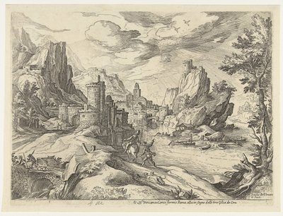 Costa rocosa en Campania con ciudad y viajeros de Paul Bril