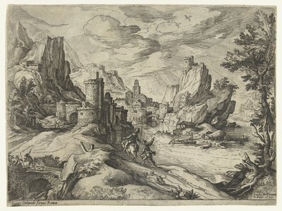 Costa de roca en Campania con ciudad y viajeros de Paul Bril