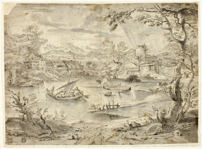 Vista de la ciudad con barco de pesca en primer plano de Paul Bril