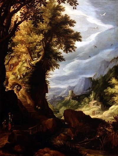 Un paisaje montañoso y boscoso de Paul Brill or Bril
